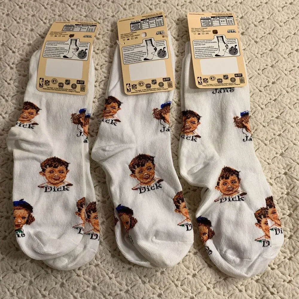 3 DICK JANE Novelty Socks NEW Adult Size Womens 6-11 Men’s 5-10 Shoe Size Unisex